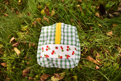 trousse vichy rouge fermeture vert pomme interieur cerises resistante rembourrée et fermeture éclaire résistante YKK possible a la personnalisation idéal cadeau 
